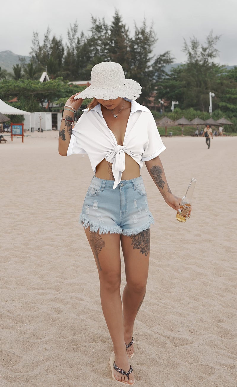 GOBLES Womens Summer Short Sleeve Shirts V Neck Tie Knot Batwing Blouses Tops White - Image 5
